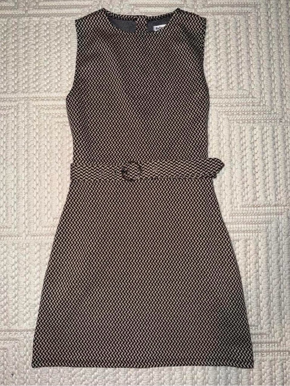 Reformation Black and Tan Sleeveless Belted Mini Dress